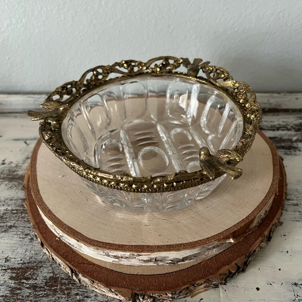 MCM Hollywood Regency Gold Gilt  Birds Vintage Bowl  Trinket Dish Cut Glass Rare - Picture 3 of 8